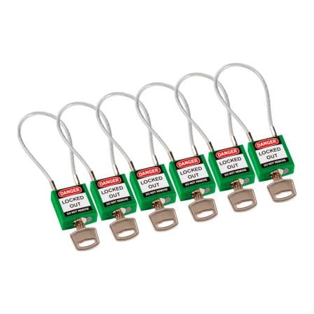 BradyÂ Cable Safety Padlocks, Keyed Alike, 4-3/16H Steel Cable, Green, 6/Pack